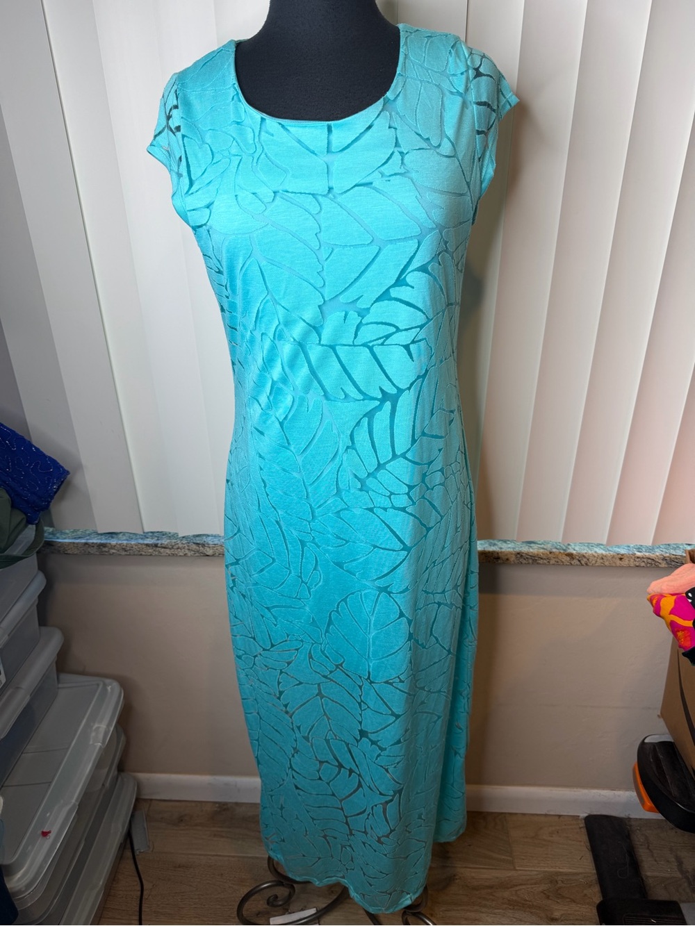 Tribal Turquoise Leaf-Print Overlay Cap Sleeve Maxi Dress Size Medium